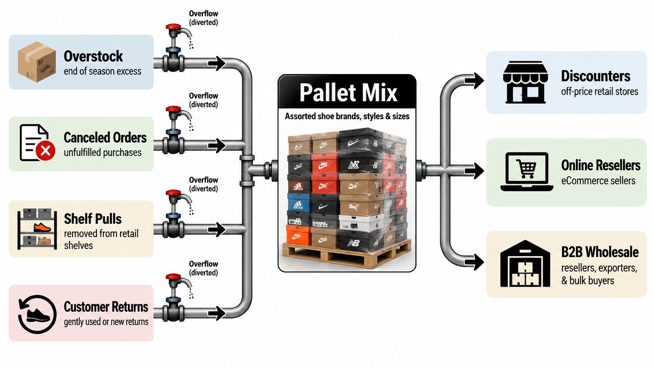 A flow diagram illustrating how various inventory sources are combined into a pallet of mixed wholesale shoes.