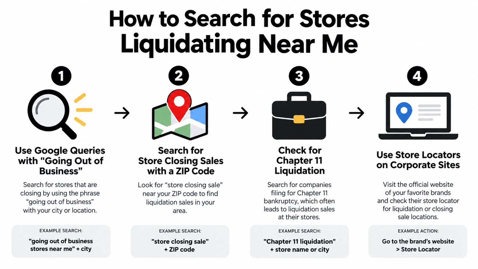 A four-step infographic illustrating how to search for local retail stores currently undergoing liquidation sales.