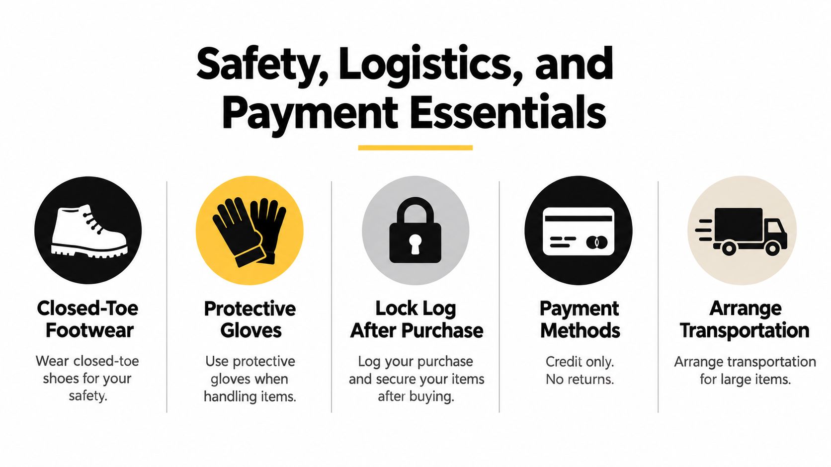 A safety and logistics infographic displaying icons for closed-toe footwear, protective gloves, locking purchases, payment methods, and transportation.