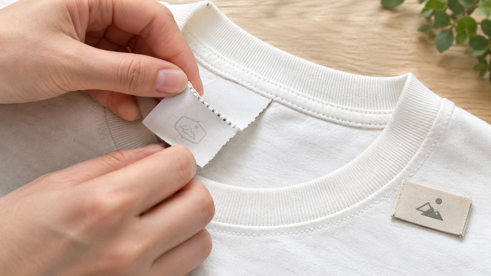 A pair of hands tearing a branded label tag from the inside of a white t-shirt.