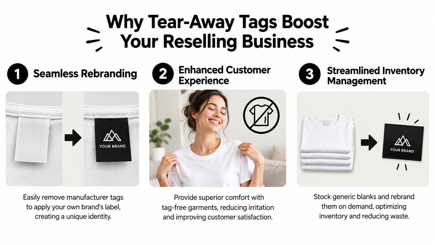 An infographic explaining how tear-away tags on t-shirts help resellers with rebranding, customer comfort, and inventory management.