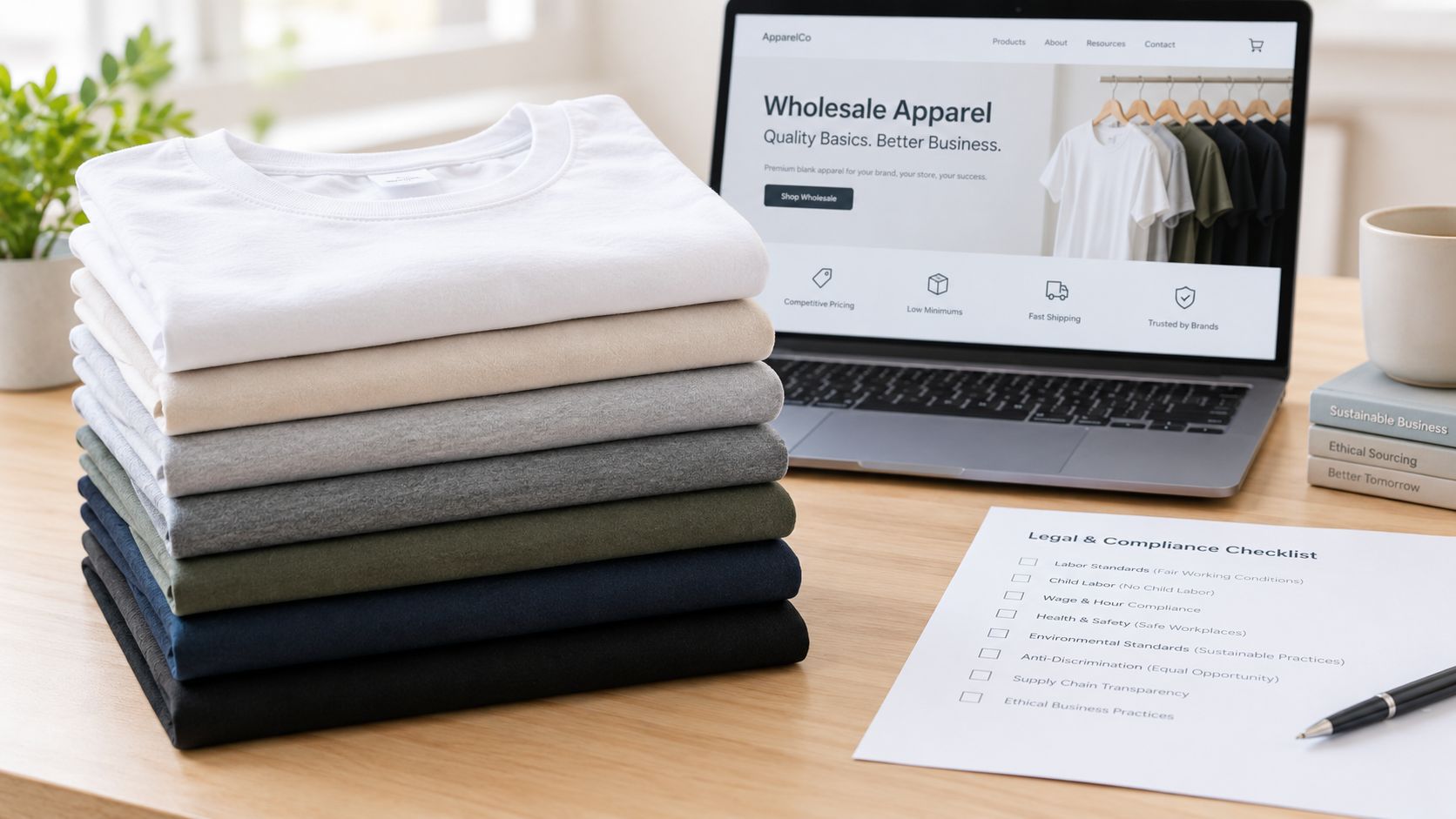 A stack of folded t-shirts in various colors beside a laptop showing a wholesale apparel website.