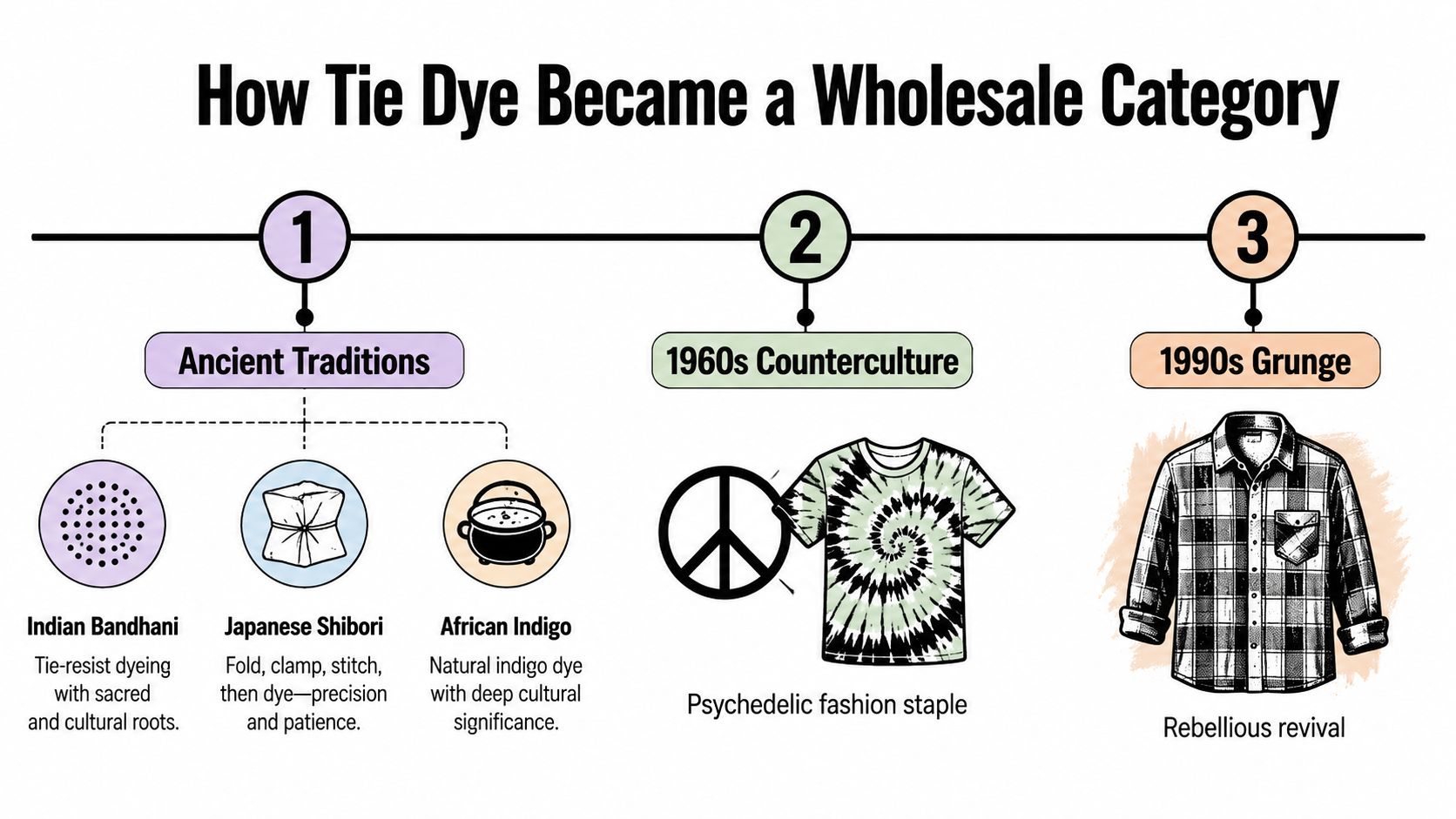 A timeline infographic titled How Tie Dye Became a Wholesale Category, showing traditions, counterculture, and grunge eras.