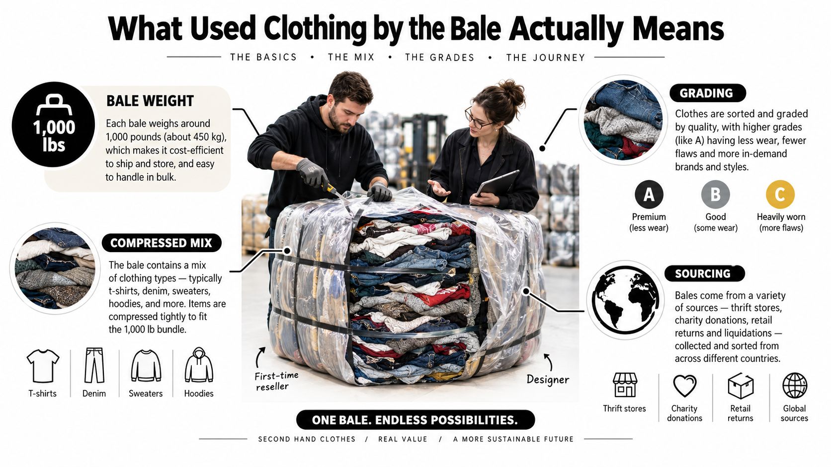 A professional infographic explaining the process and grading of bulk used clothing bales for resale.
