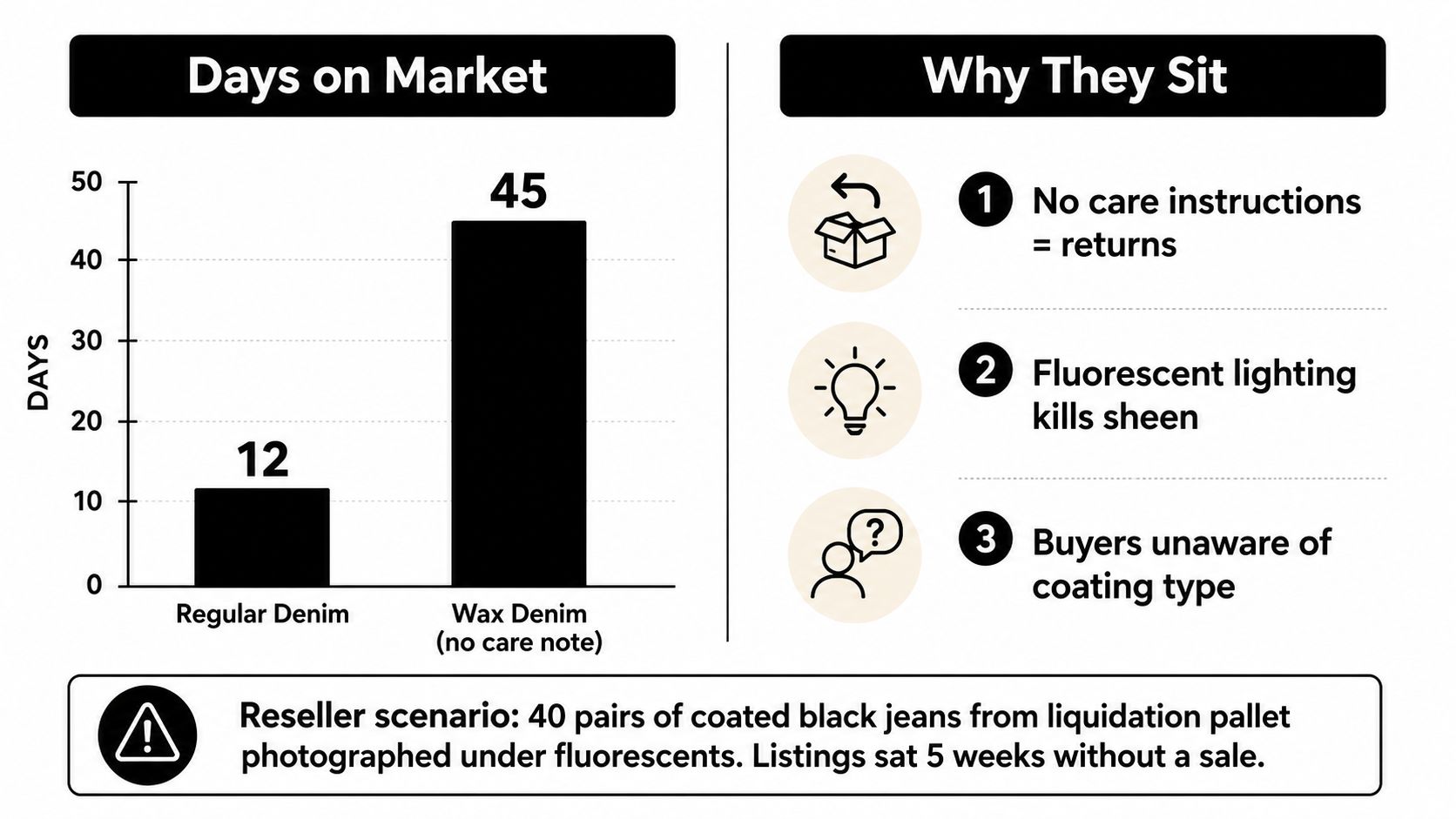 A bar chart comparing days on market for regular denim versus wax denim with explanations for slow sales.