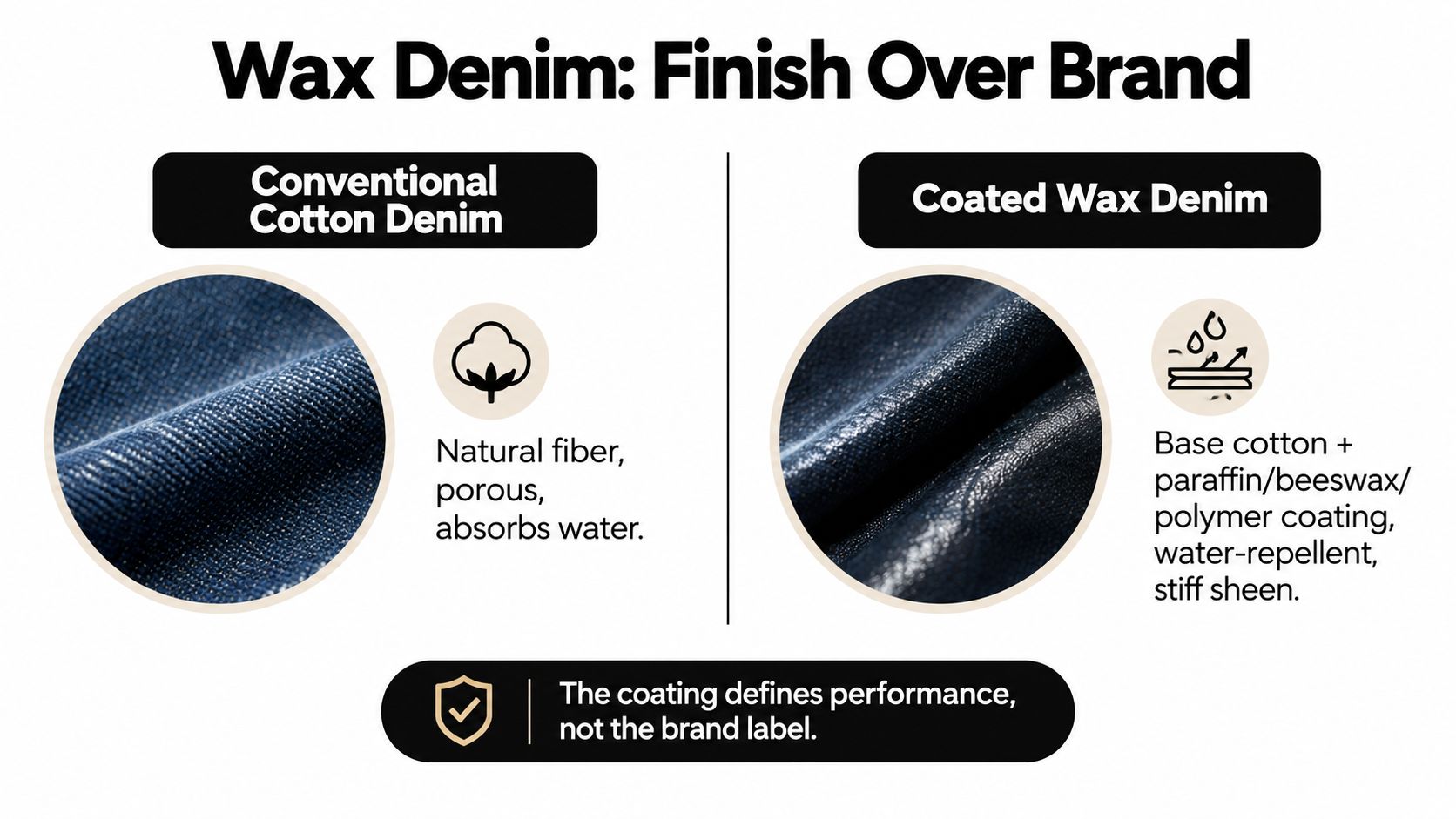 A comparison graphic showing the differences between conventional cotton denim and coated wax denim fabric textures.