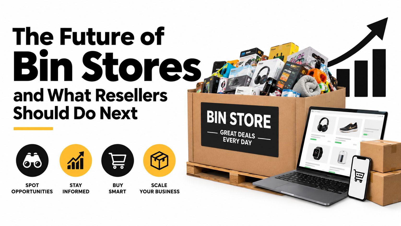 A bin store box filled with retail products, accompanied by a laptop, smartphone, and business growth icons.