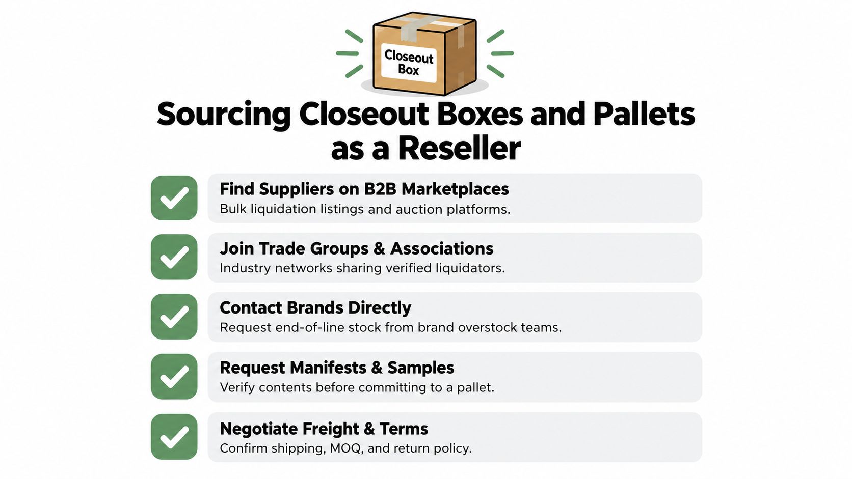 A helpful infographic showing five steps for resellers to source closeout boxes and pallets effectively.