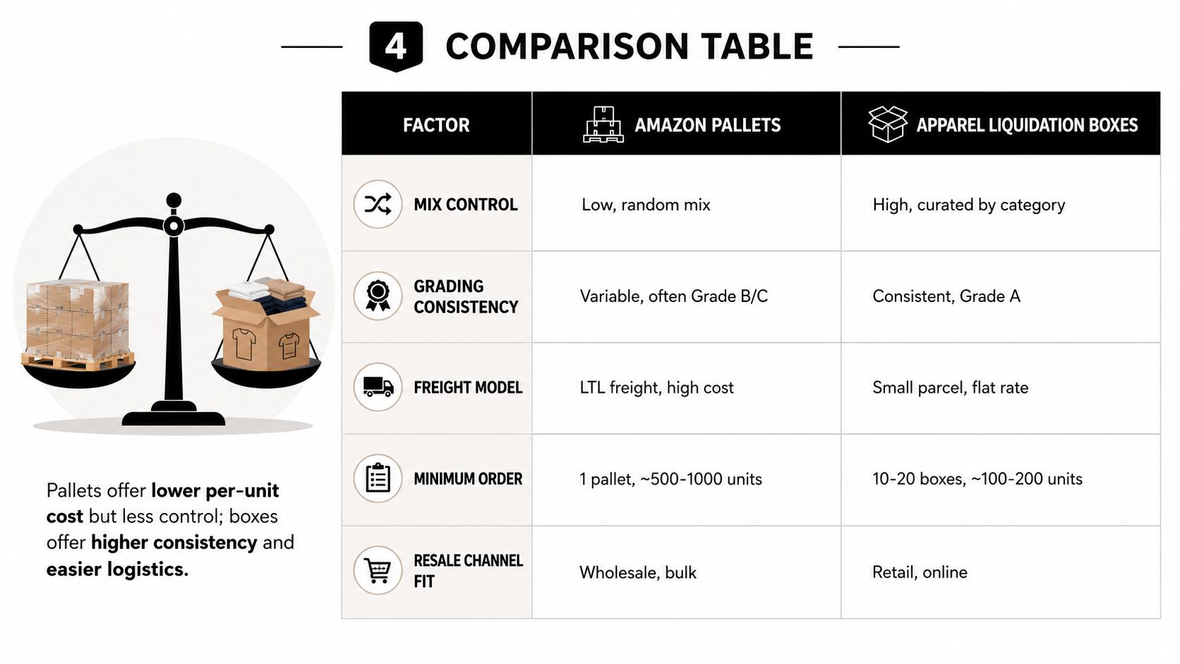 A comparison table detailing the differences between Amazon liquidation pallets and curated apparel liquidation boxes for resellers.
