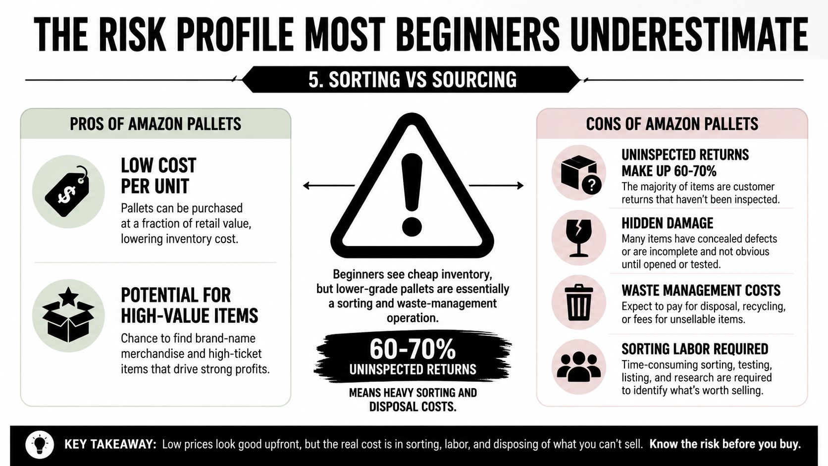 An infographic showing the risks and benefits of buying Amazon return pallets for business resale purposes.