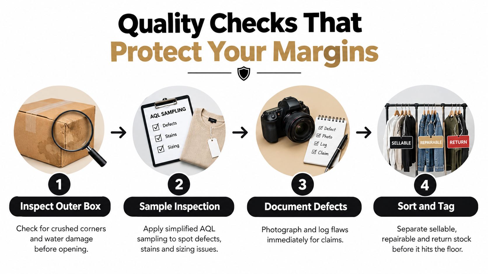 A four-step infographic illustrating the quality control process for clothing inspection, documentation, and sorting for inventory management.