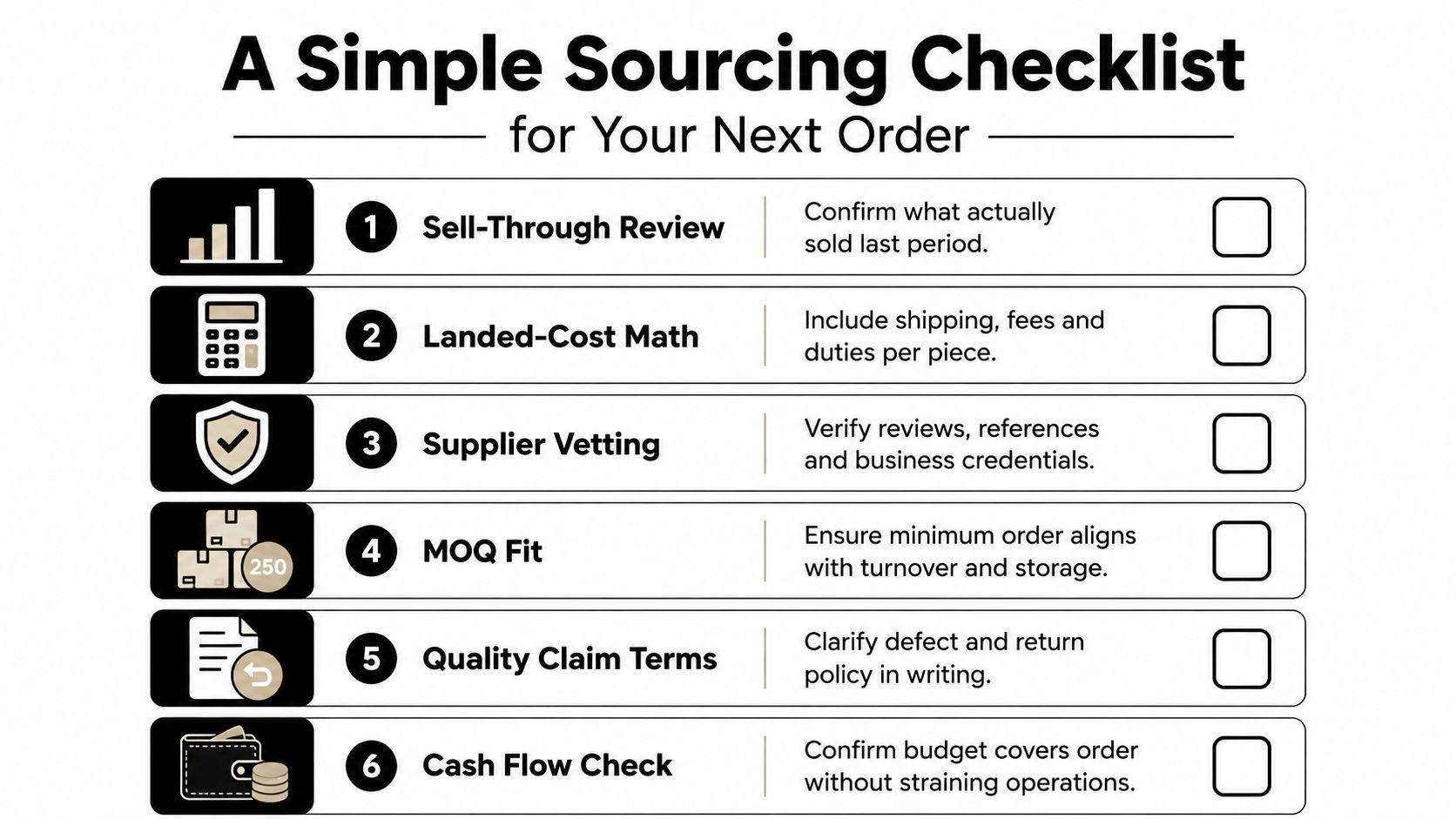 A checklist infographic titled A Simple Sourcing Checklist for Your Next Order with six numbered business steps.