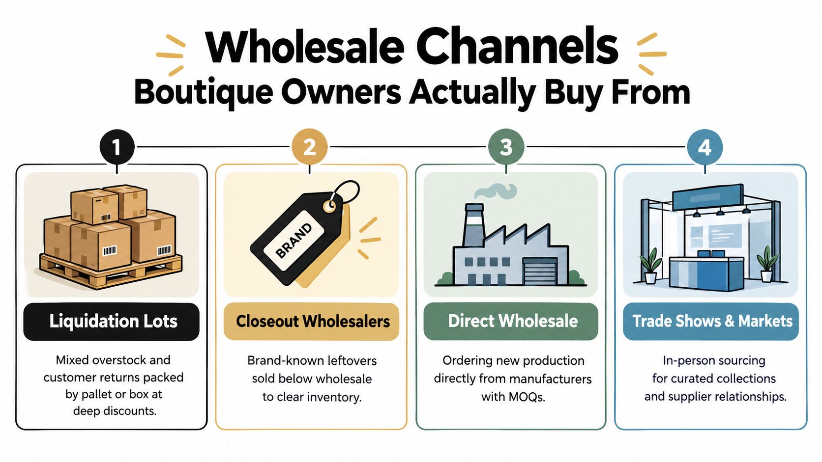 An infographic detailing four primary wholesale sourcing channels for boutique owners, including liquidation, closeouts, manufacturers, and trade shows.