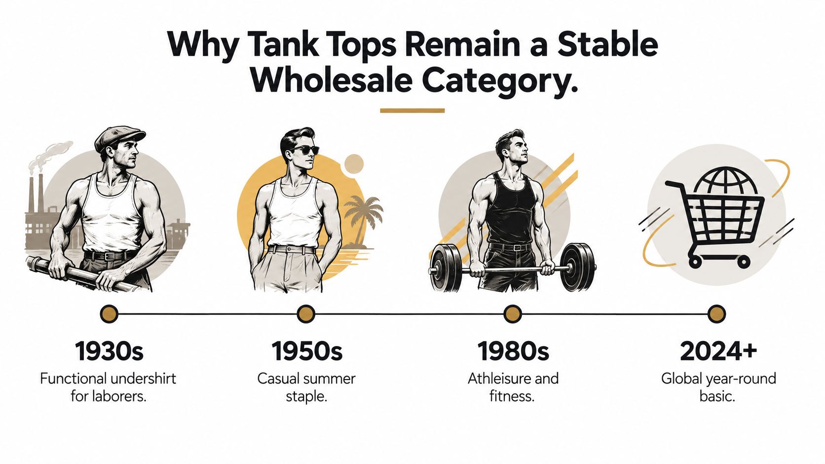 A timeline graphic showing the evolution of tank tops from a functional undershirt to a global clothing staple.