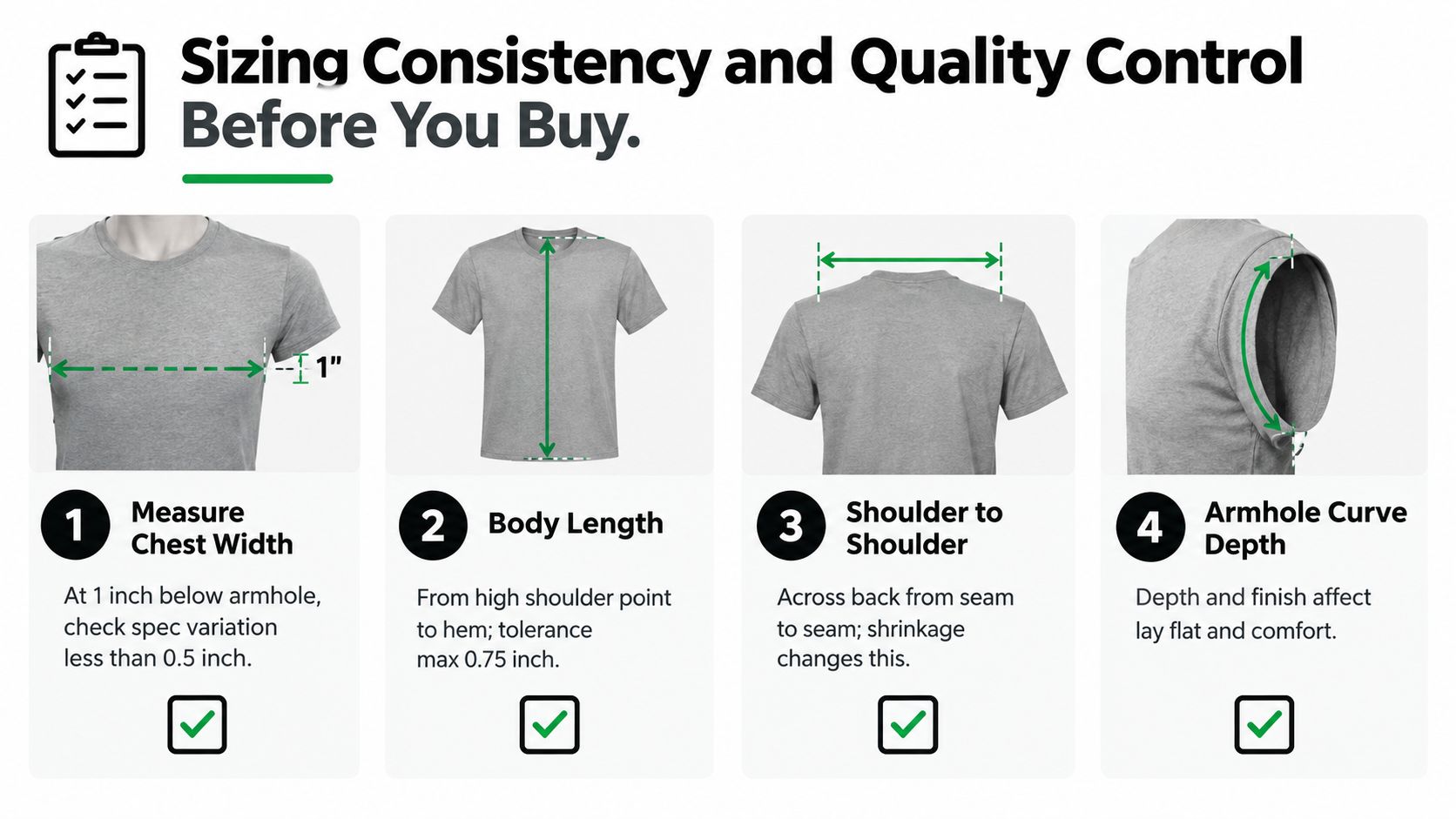 An instructional graphic showing four steps to measure T-shirt sizing for quality control and consistency.