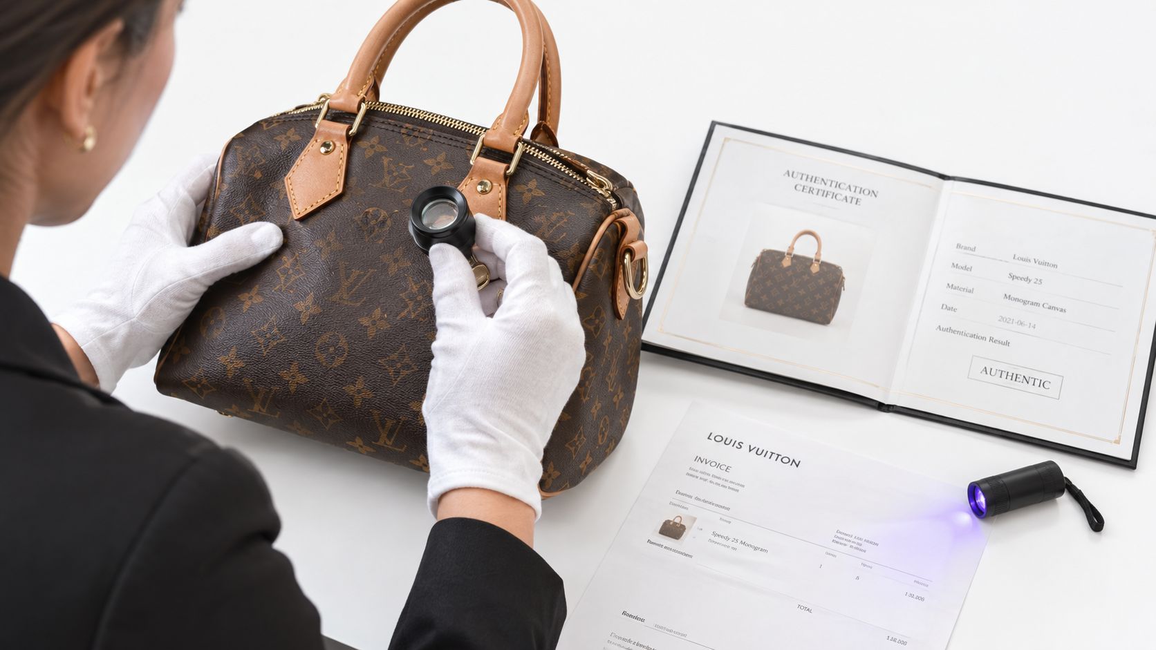 A professional authenticator wearing white gloves inspects a Louis Vuitton Speedy bag with a magnifying tool.