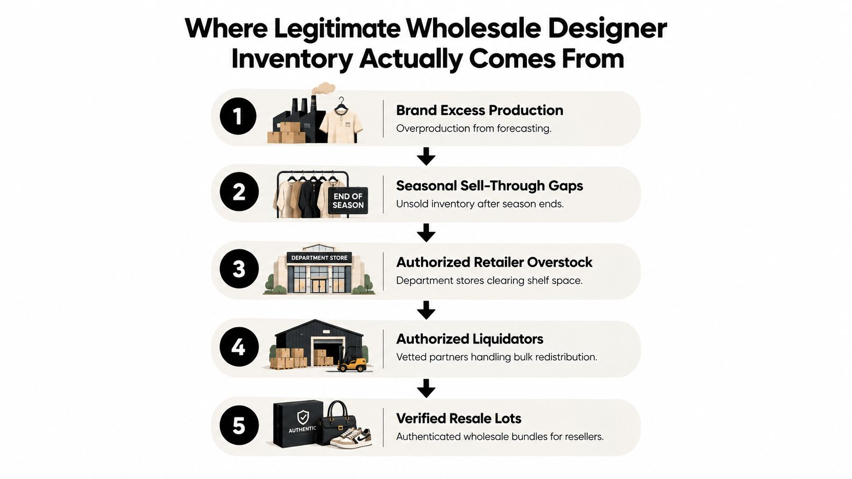 A flowchart showing five stages of how legitimate wholesale designer bag inventory reaches resellers, from production to retail.