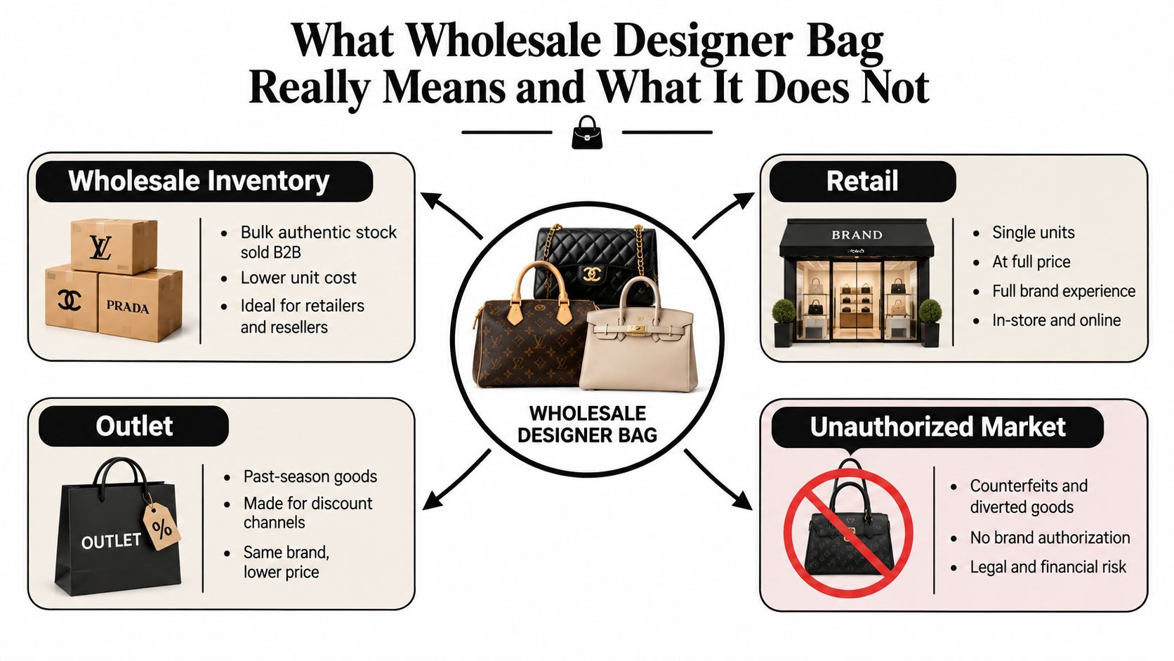 An infographic showing the differences between wholesale, retail, outlet, and unauthorized markets for designer bags.