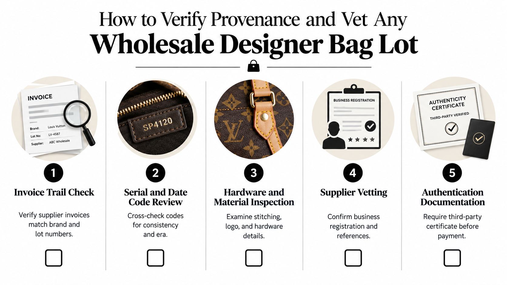 An infographic showing five steps to verify the provenance and authenticity of wholesale designer bags.