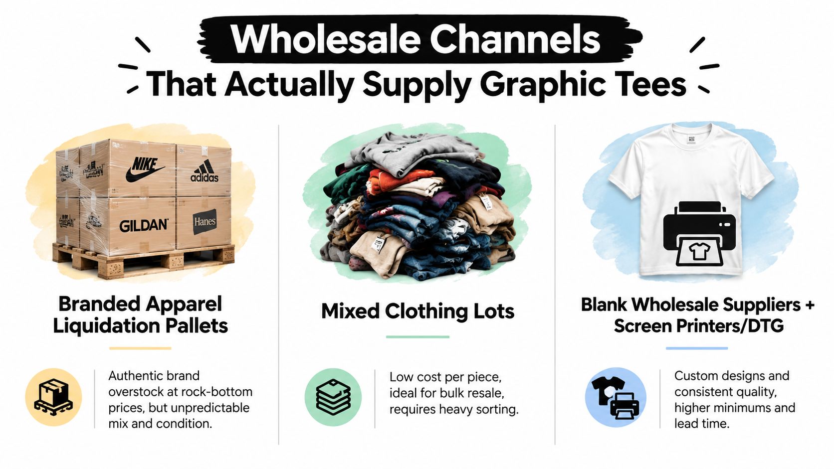 An infographic illustrating three wholesale channels for sourcing graphic t-shirts including liquidation pallets, mixed lots, and printers.