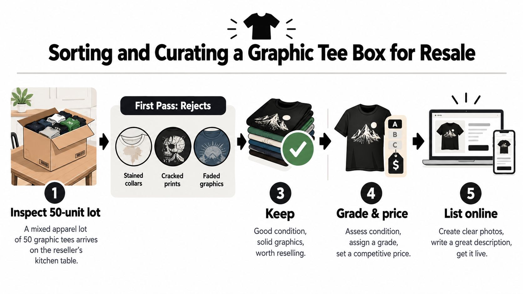 A five-step infographic showing the process of inspecting, sorting, grading, and listing wholesale graphic tees for resale.