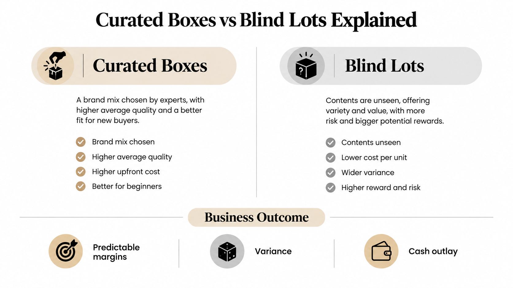 A comparison infographic between curated boxes and blind lots for wholesale liquidation business strategies.