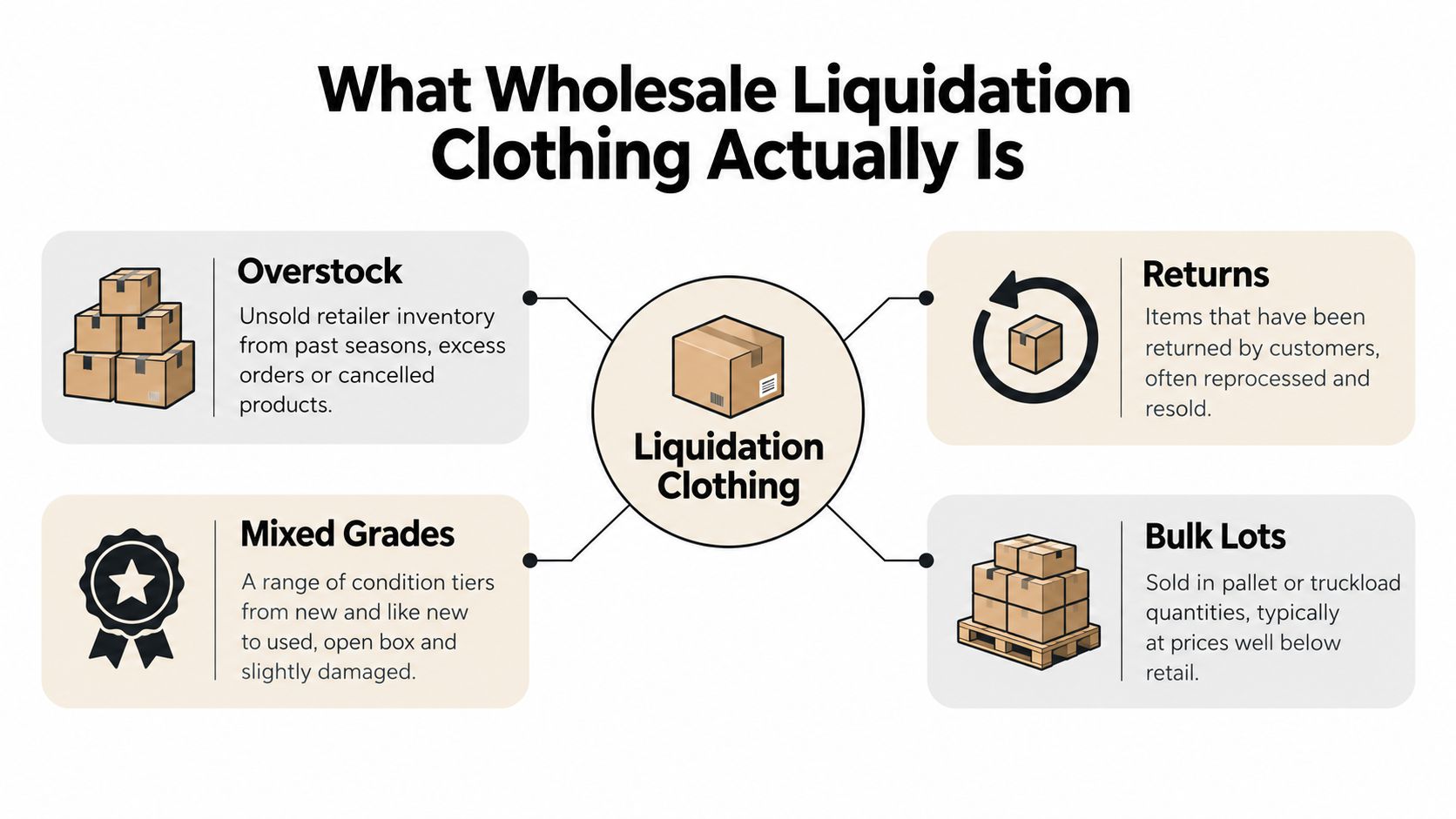 An infographic titled What Wholesale Liquidation Clothing Actually Is featuring four key categories including overstock, returns, mixed grades, and bulk lots.