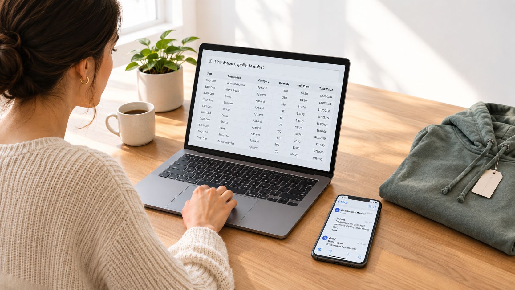 A woman working on a laptop displaying a clothing inventory manifest while checking email on her phone.