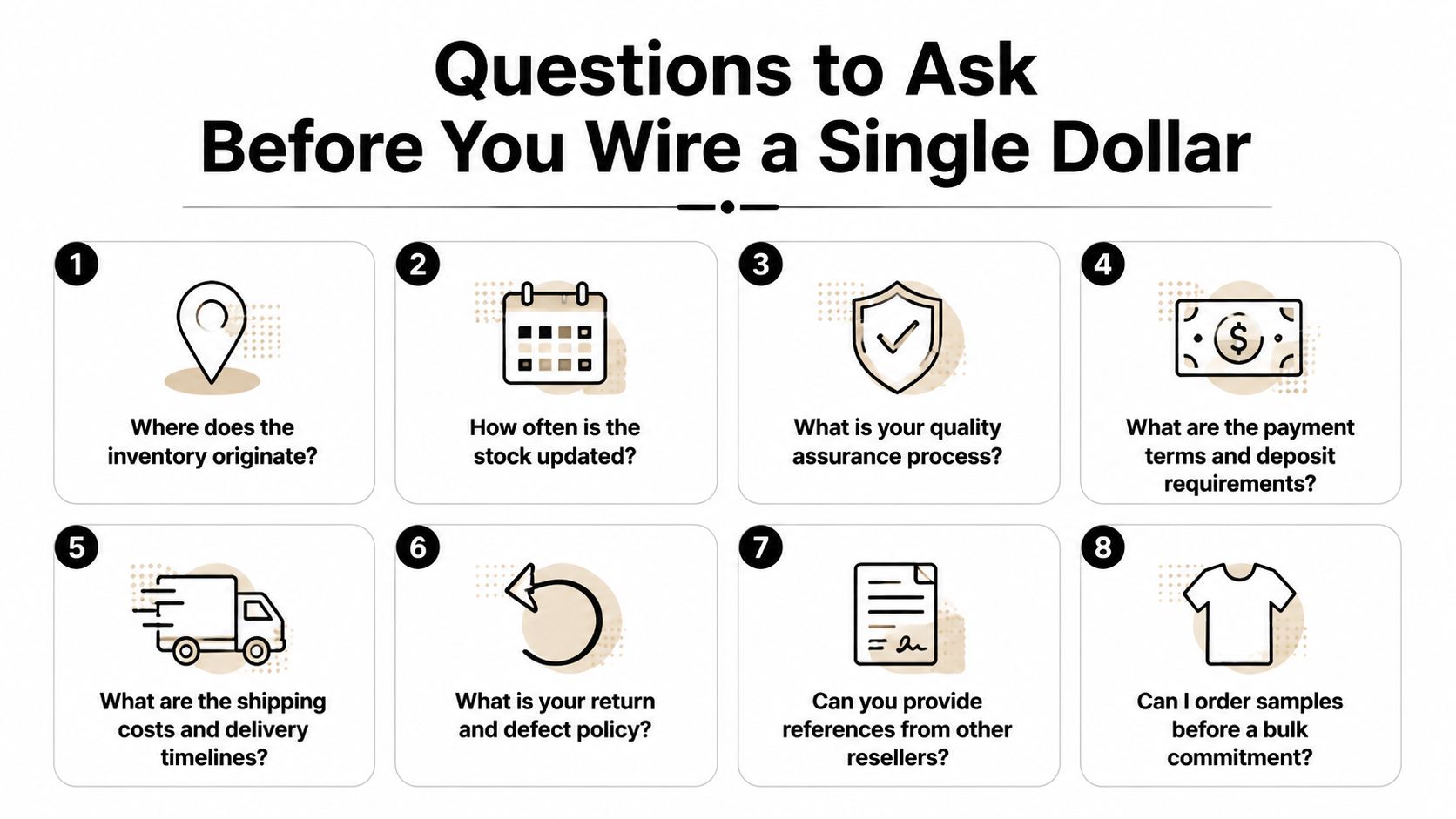 An infographic titled Questions to Ask Before You Wire a Single Dollar, listing eight essential supplier questions.