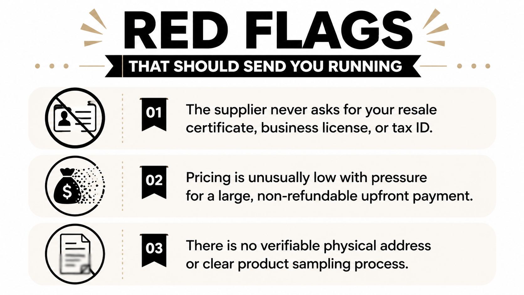 An infographic listing three red flags to watch out for when dealing with potential wholesale suppliers.