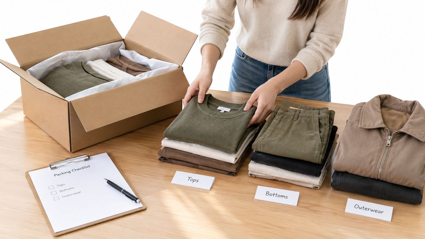 A person organizing folded clothes into categories of tops, bottoms, and outerwear with a packing checklist nearby.