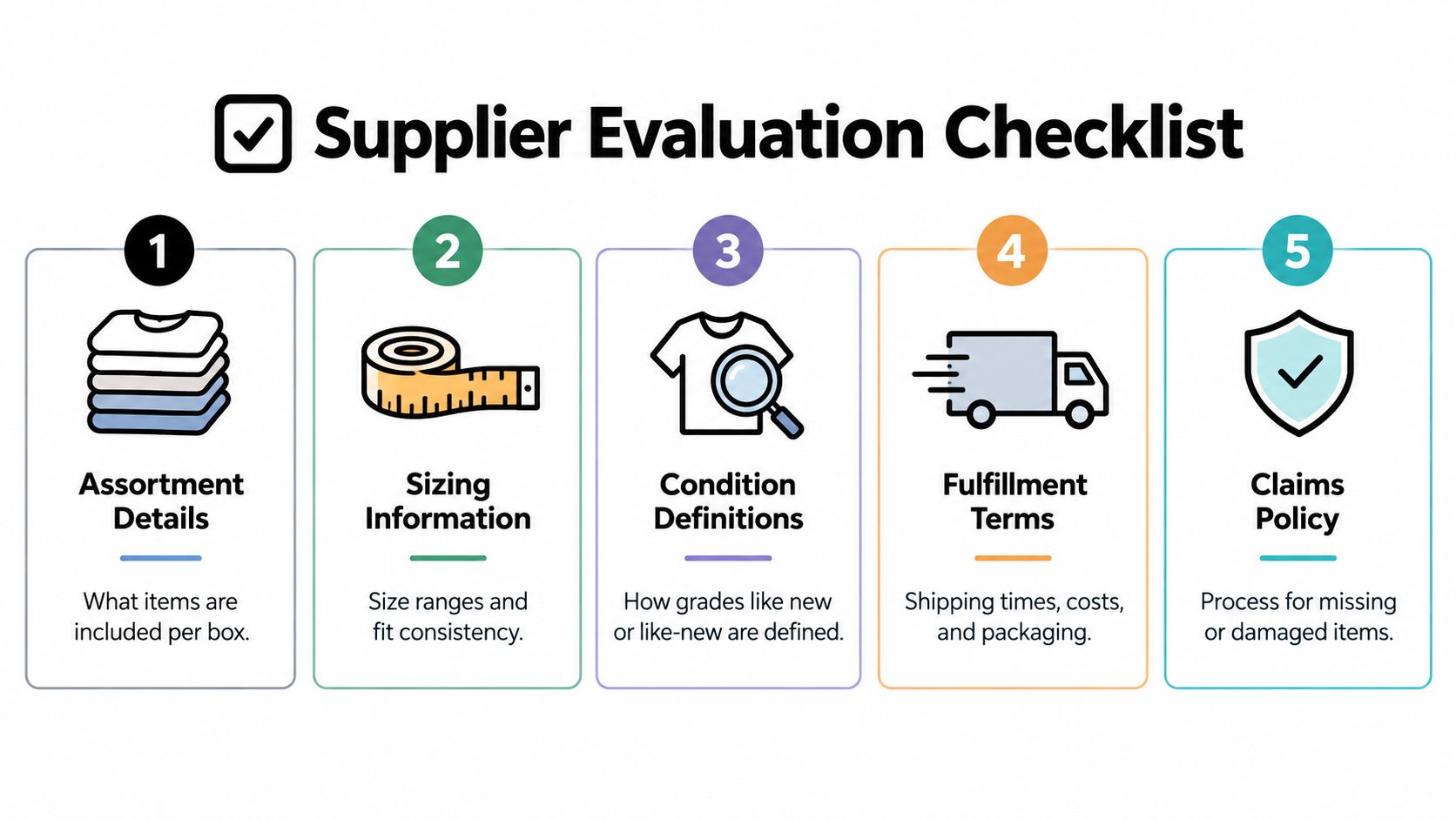 A five-step supplier evaluation checklist infographic for assessing clothing mystery box vendors and their service terms.