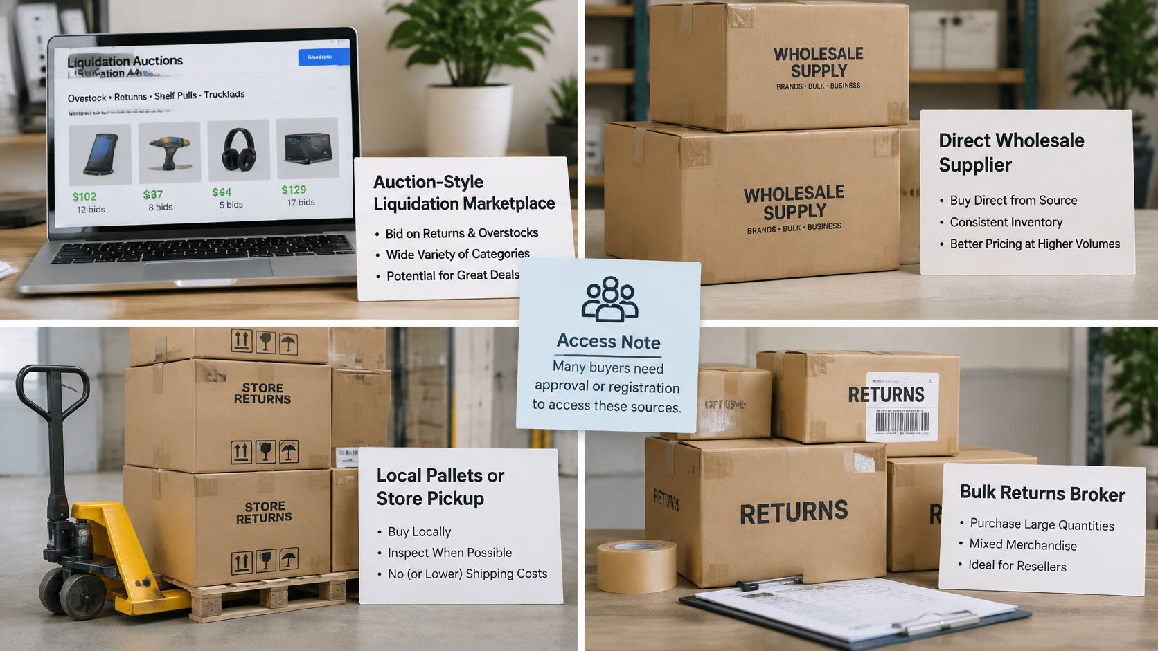 A collage showing different methods for sourcing inventory including liquidation auctions, wholesale suppliers, local pallet pickup, and brokers.