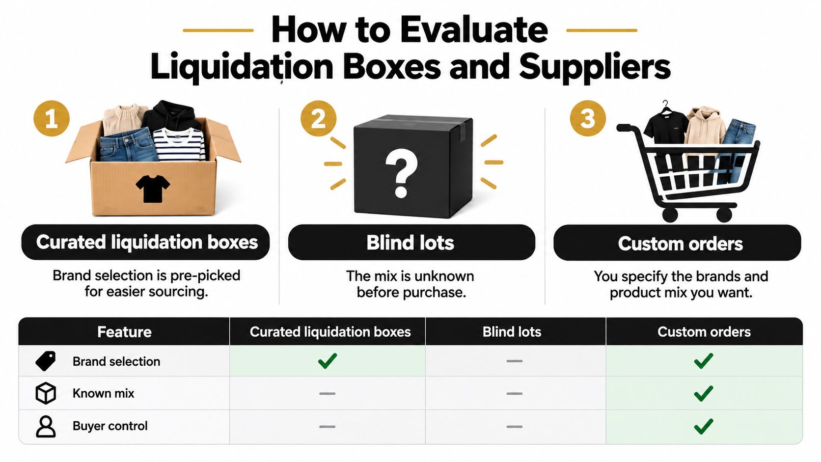 A comparison chart outlining the differences between curated liquidation boxes, blind lots, and custom orders for clothing.