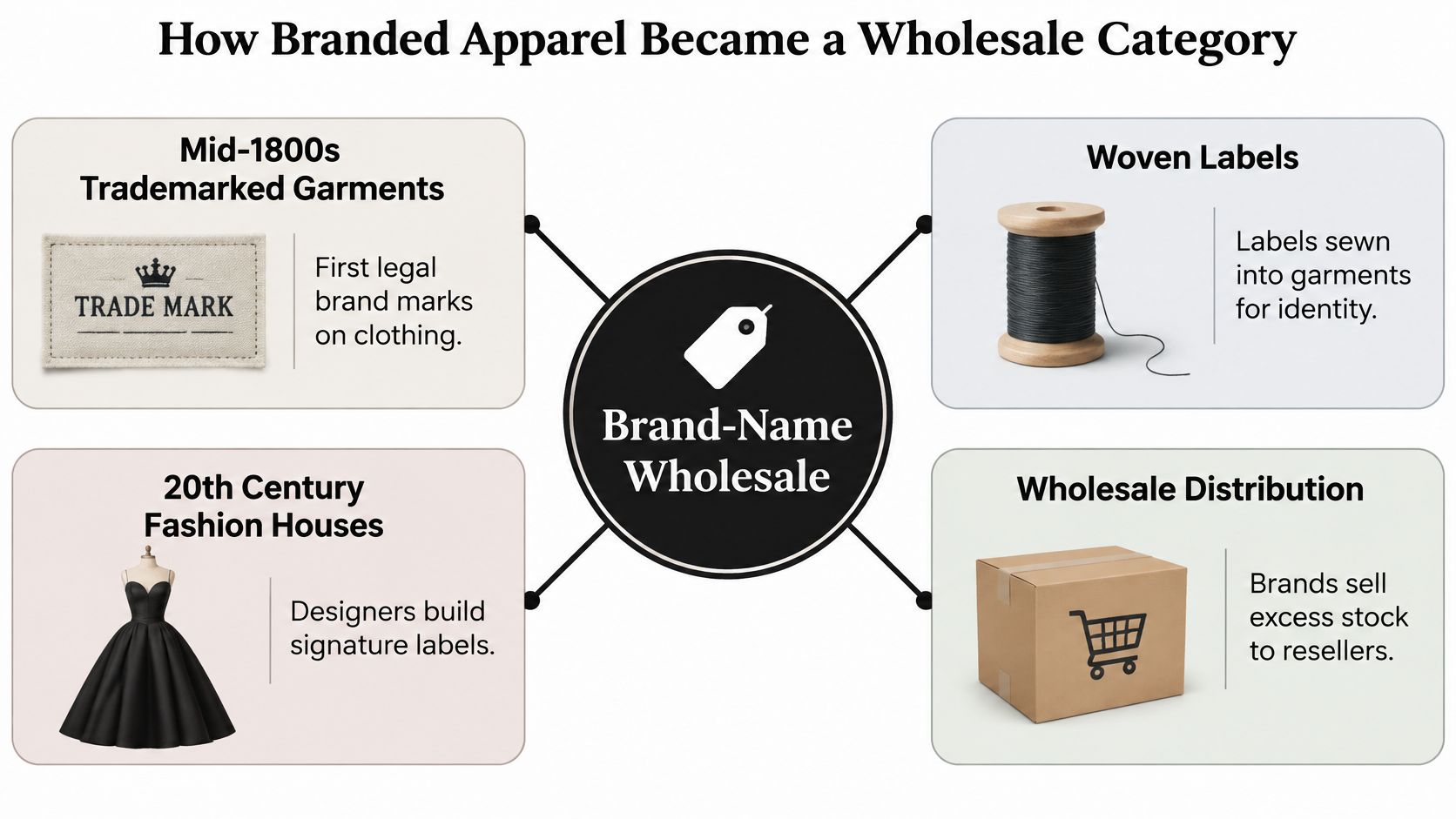 A diagram illustrating the historical evolution of how branded apparel developed into a wholesale retail category.