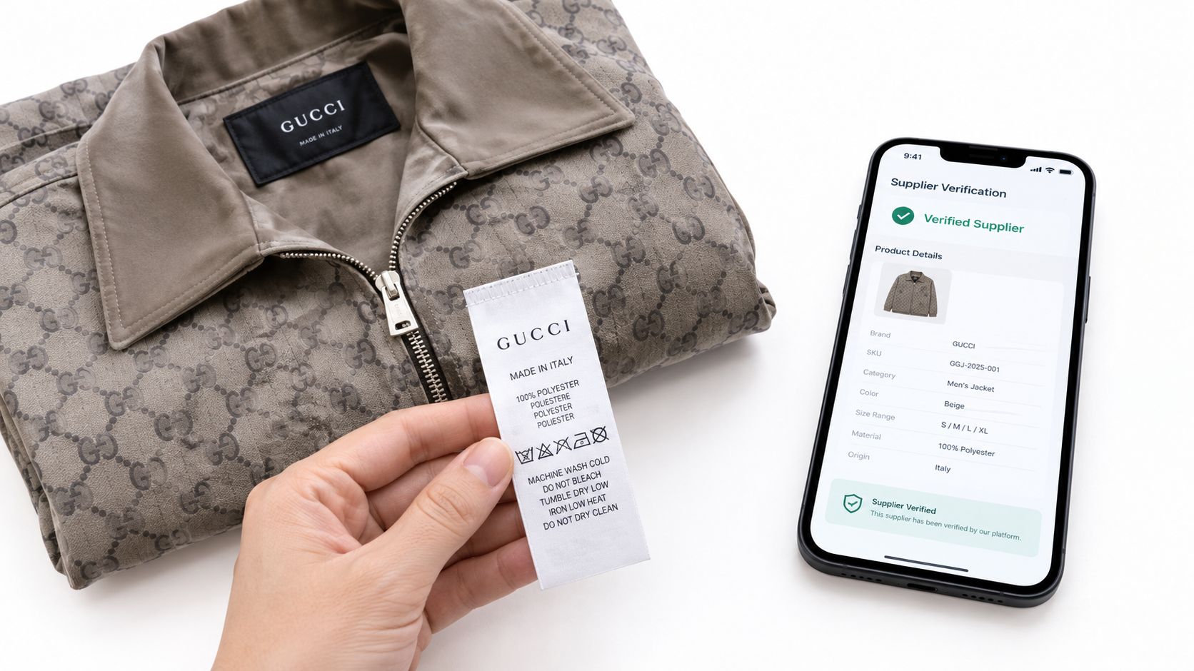 A hand holding a Gucci garment label next to a smartphone showing supplier verification details for clothing.