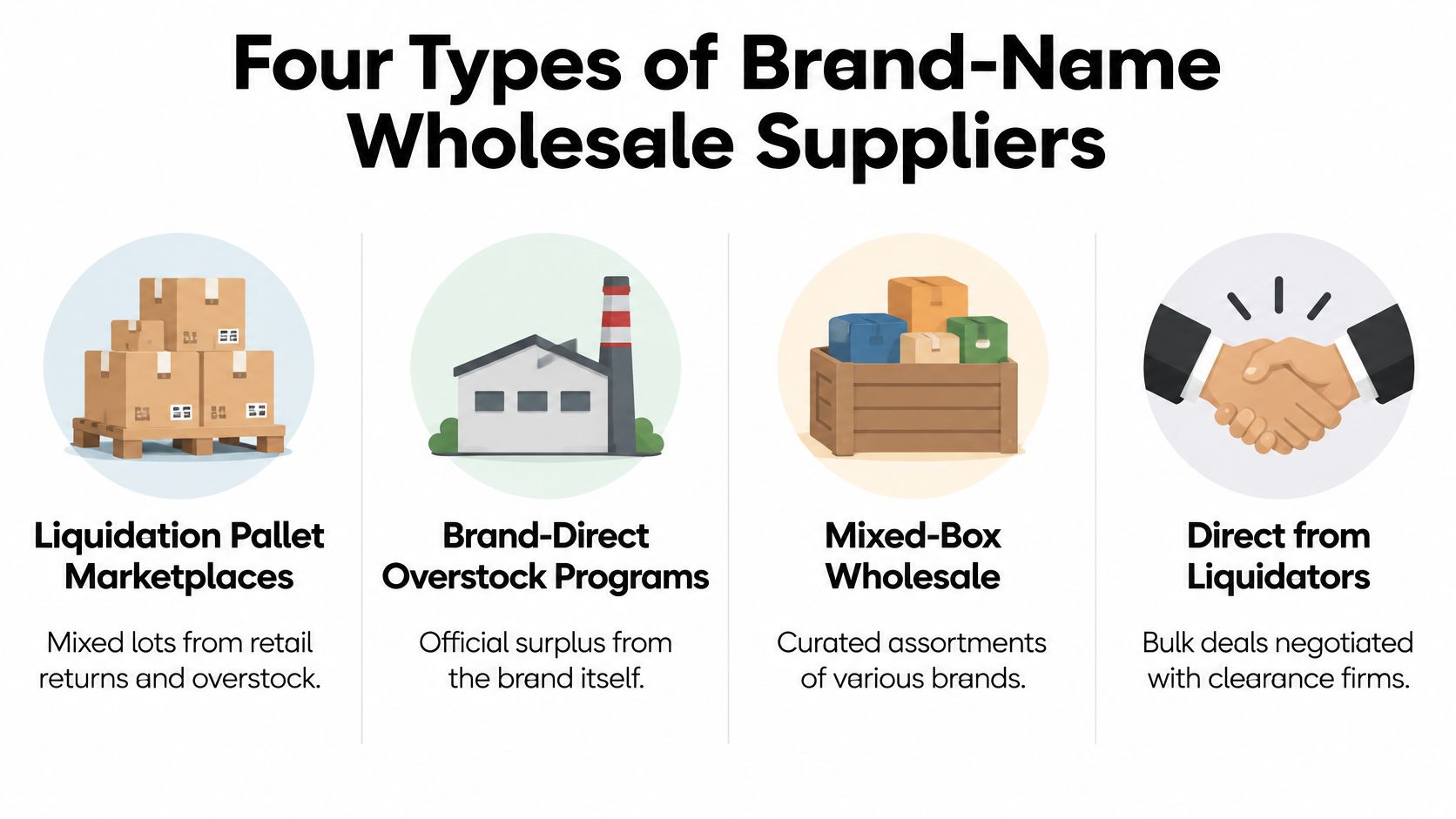 A diagram illustrating four types of brand name wholesale suppliers including marketplaces, direct programs, and liquidators.