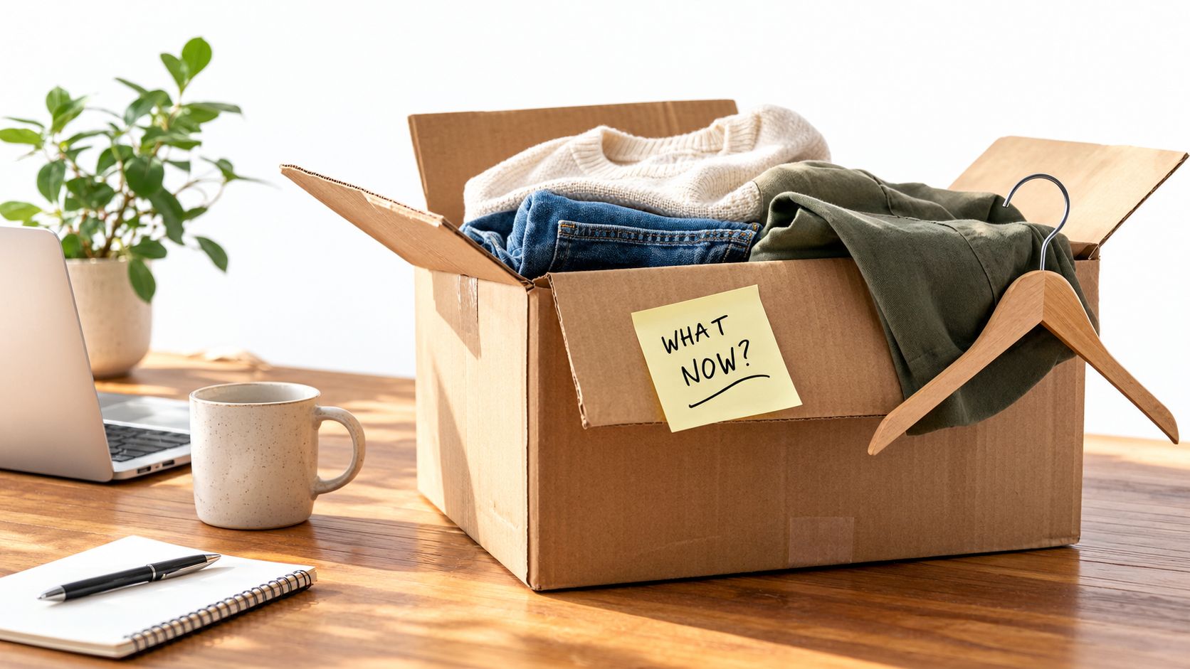 A cardboard box filled with clothes sits on a wooden desk next to a laptop and mug.
