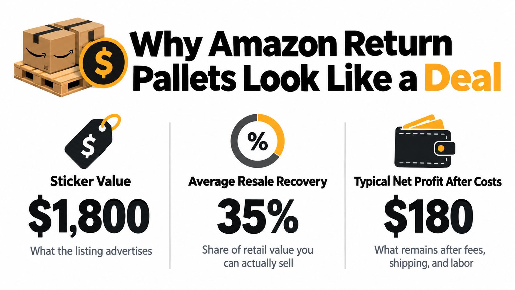 An infographic showing the financial breakdown of buying Amazon return pallets including sticker value, recovery rate, and profit.
