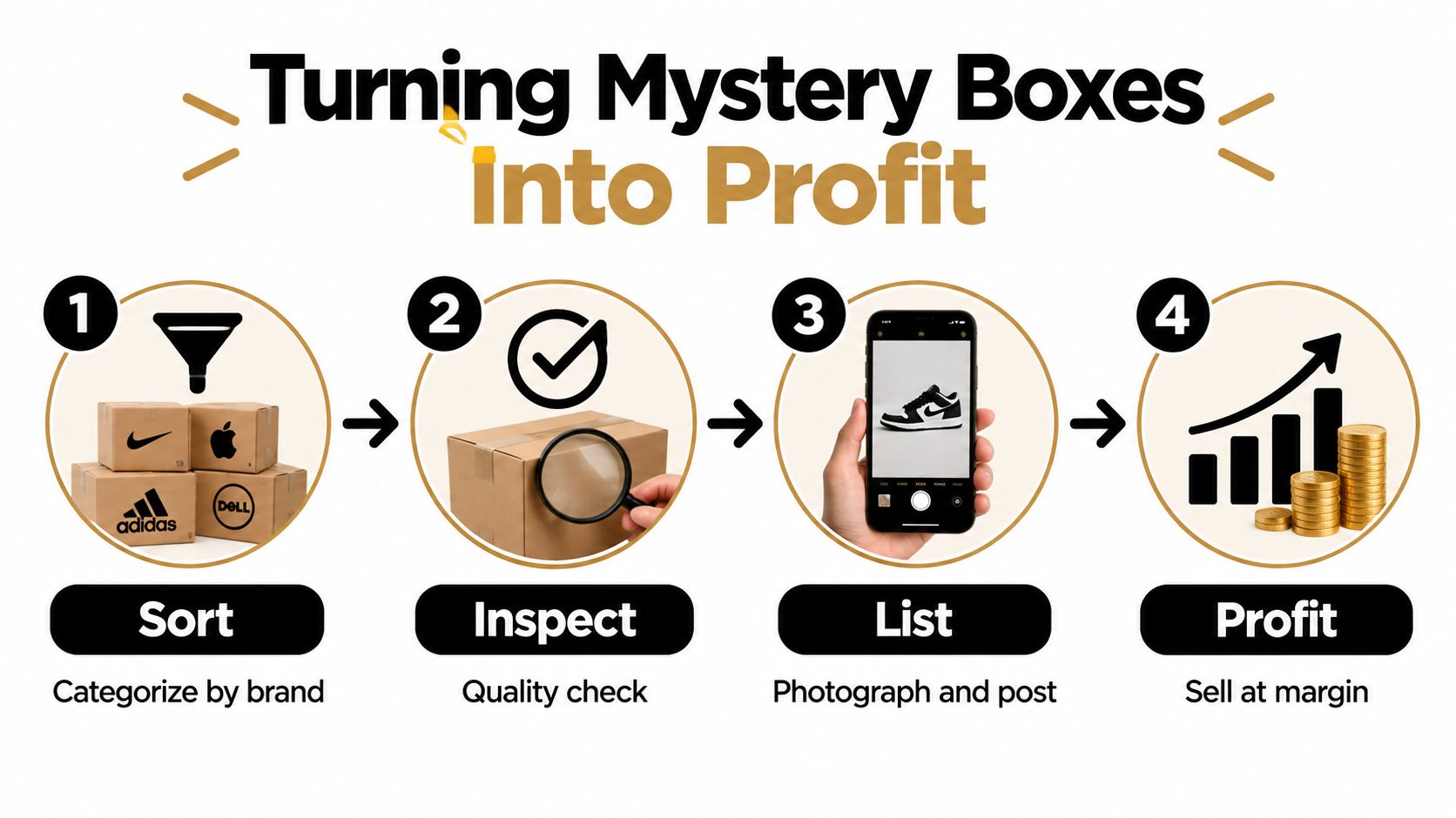 A four-step infographic illustrating the process of turning mystery boxes into profit through sorting, inspection, listing, and selling.