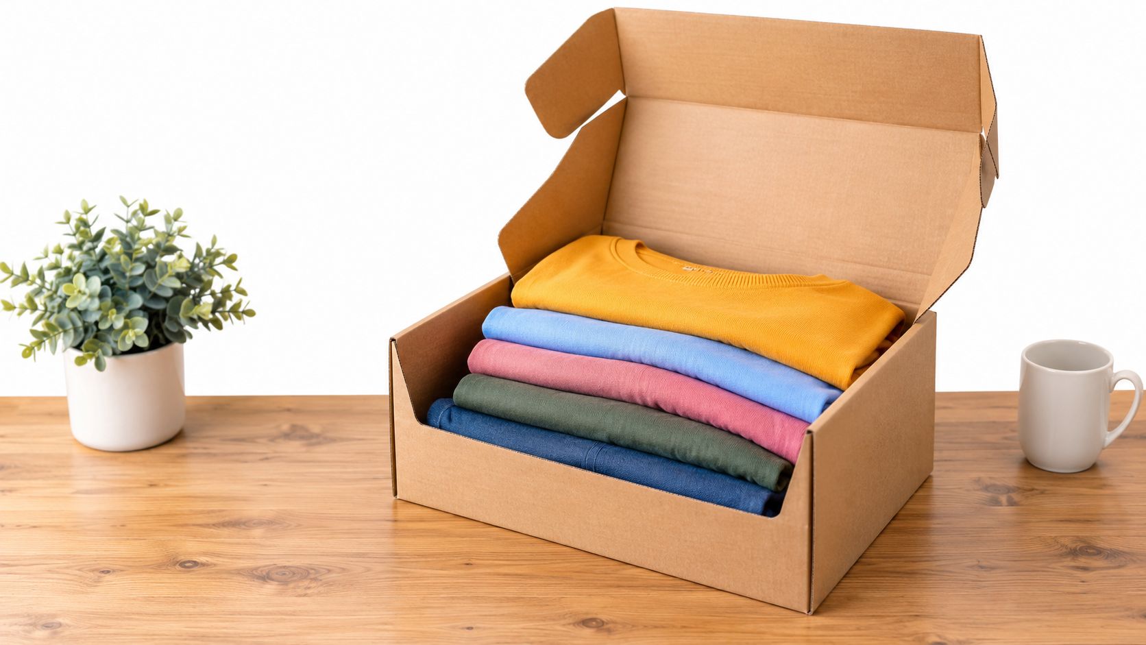 A cardboard shipping box filled with neatly folded colorful t-shirts sits on a wooden desk.