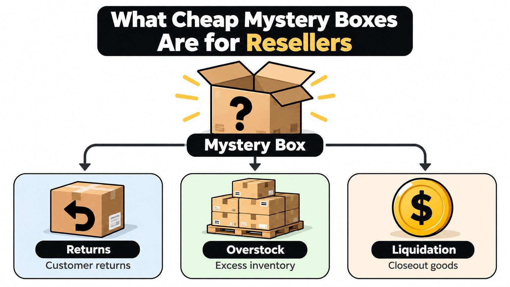 A diagram illustrating that cheap mystery boxes for resellers consist of customer returns, overstock, and liquidation goods.