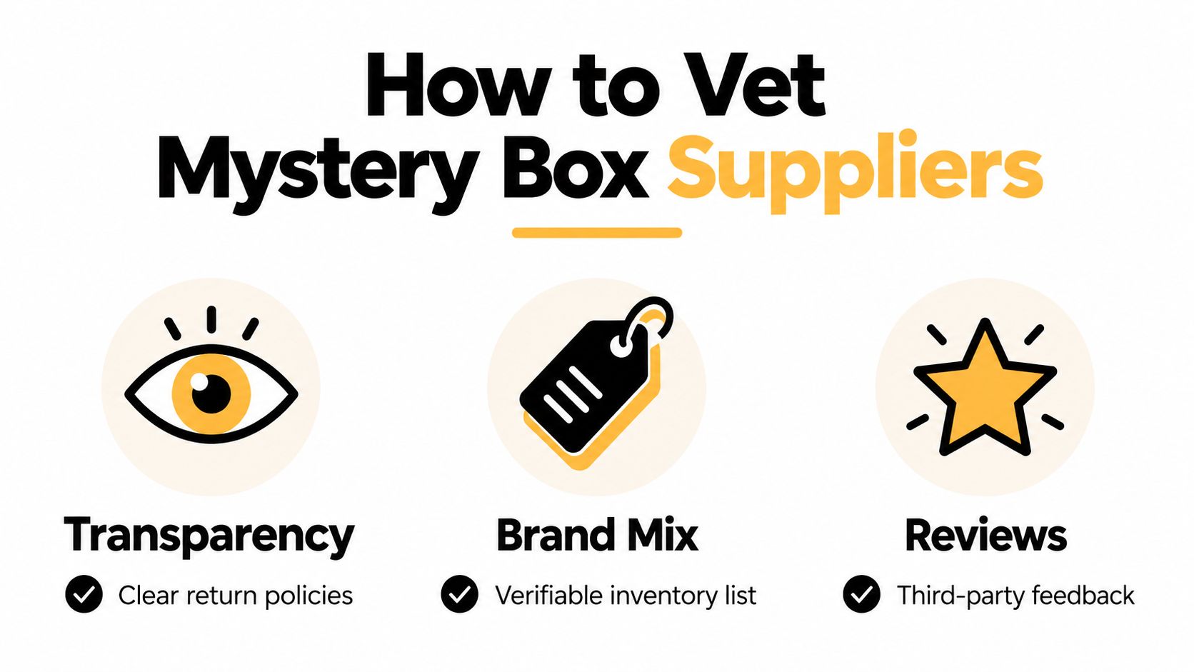 A guide infographic titled How to Vet Mystery Box Suppliers showing transparency, brand mix, and reviews.