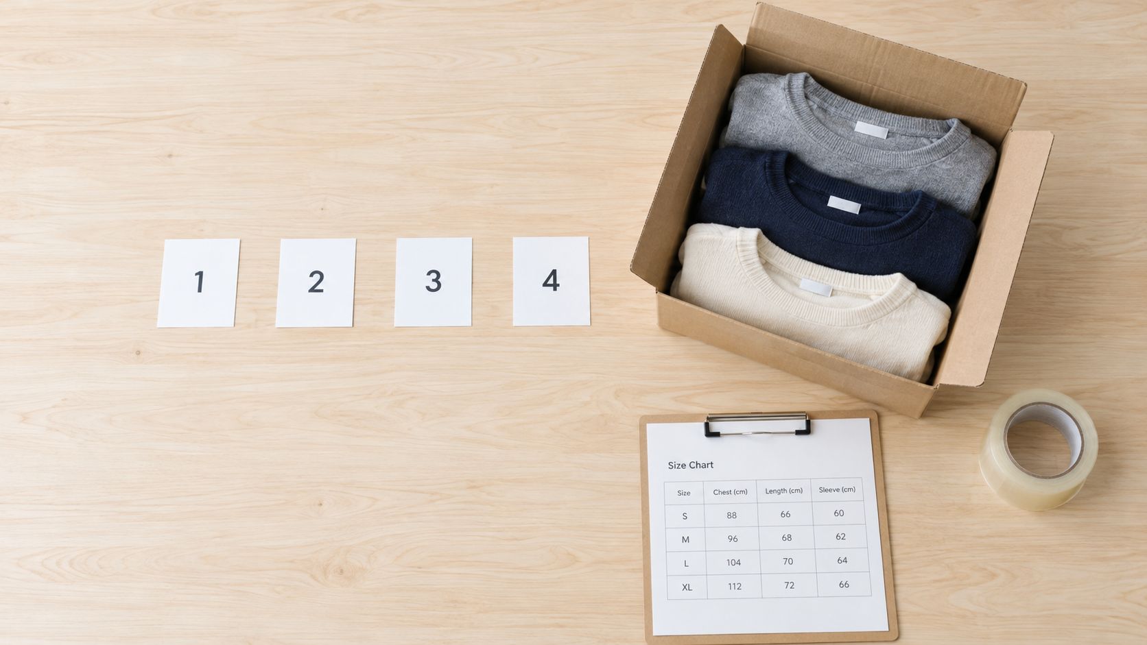 Three folded crew neck sweaters in a cardboard box beside a size chart and adhesive tape.