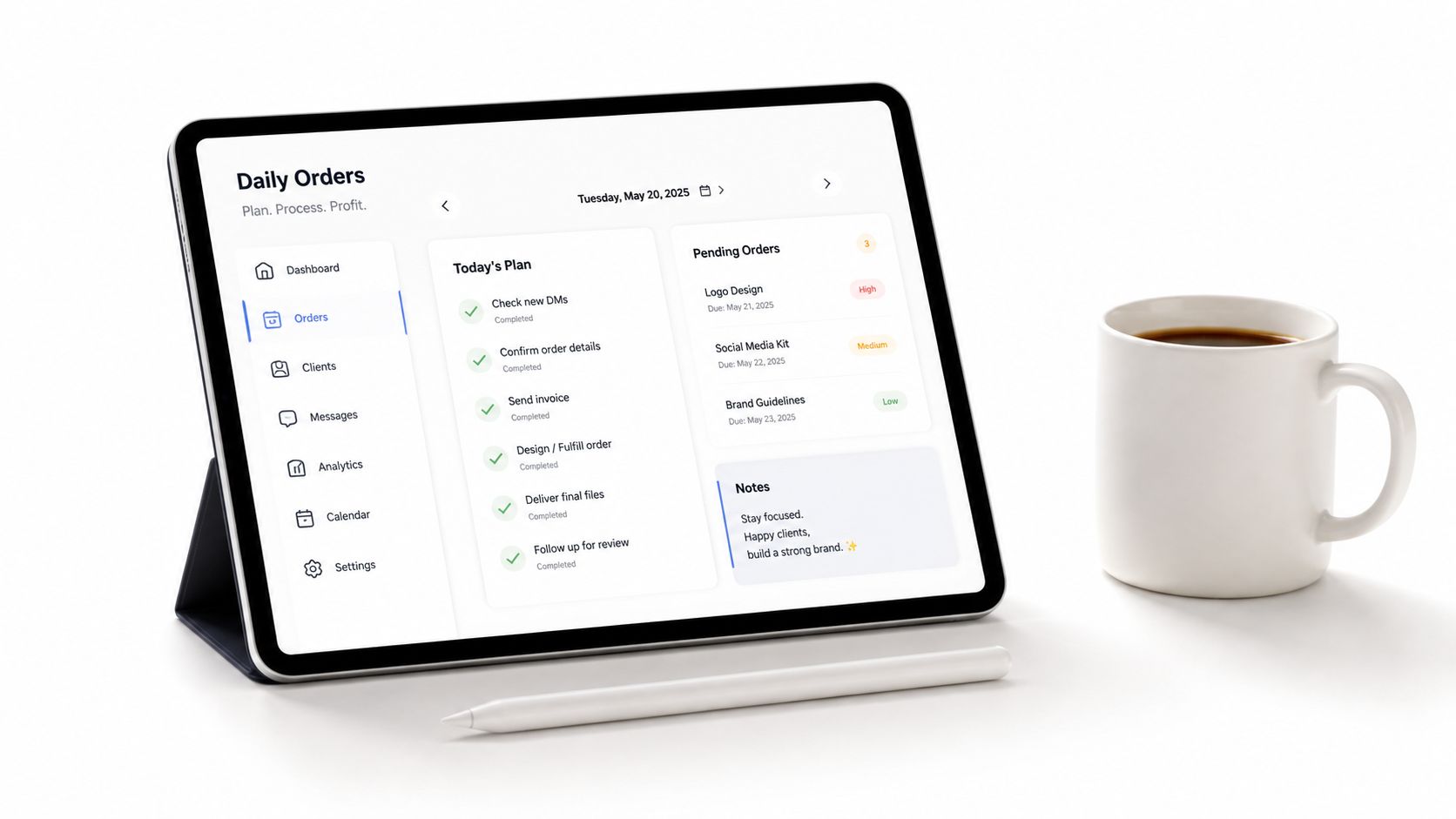 A digital tablet displaying a daily orders planner app with tasks and pending order status updates.