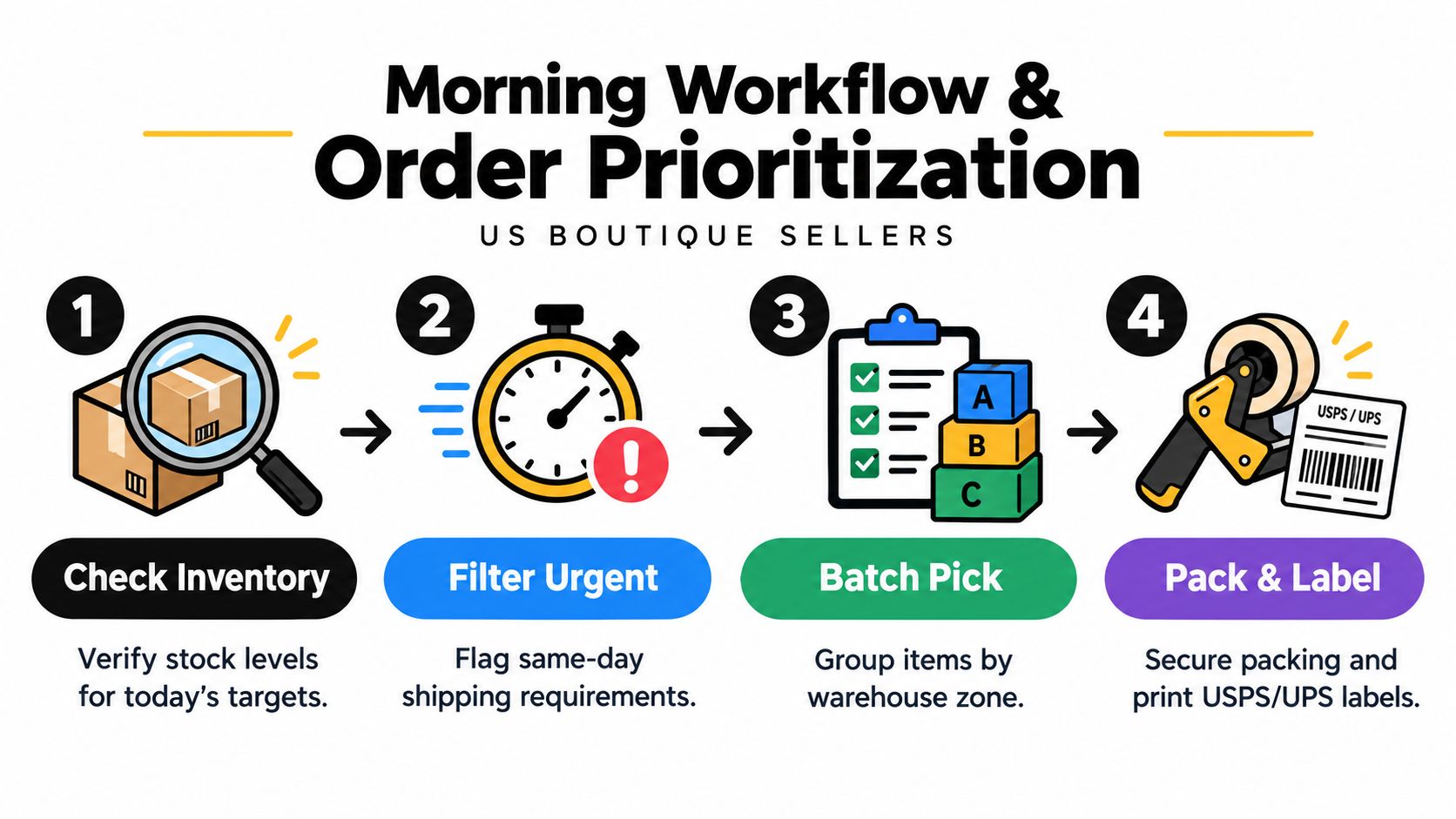 A four-step morning workflow diagram for US boutique sellers to prioritize, pick, and ship daily orders.