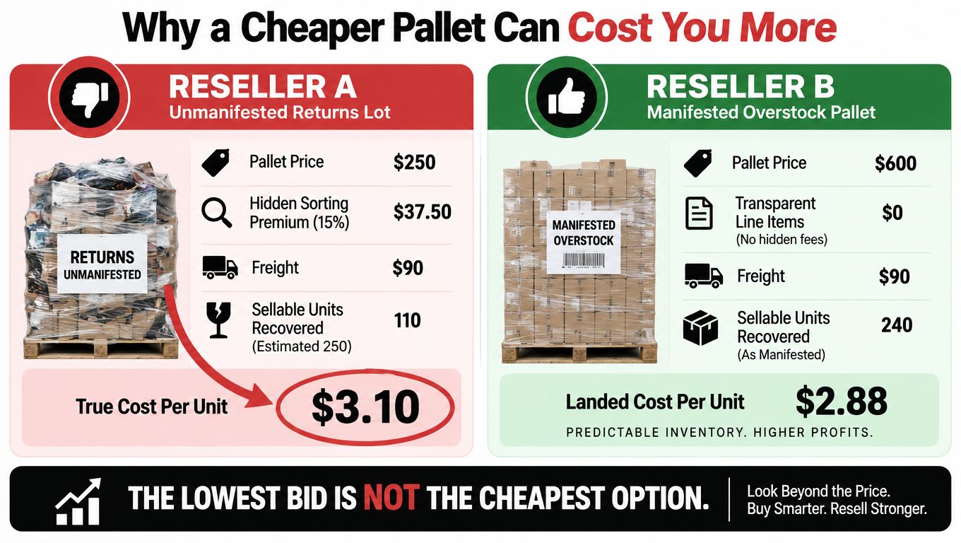 A comparison infographic showing how manifested overstock pallets offer better value than cheaper unmanifested return pallets.