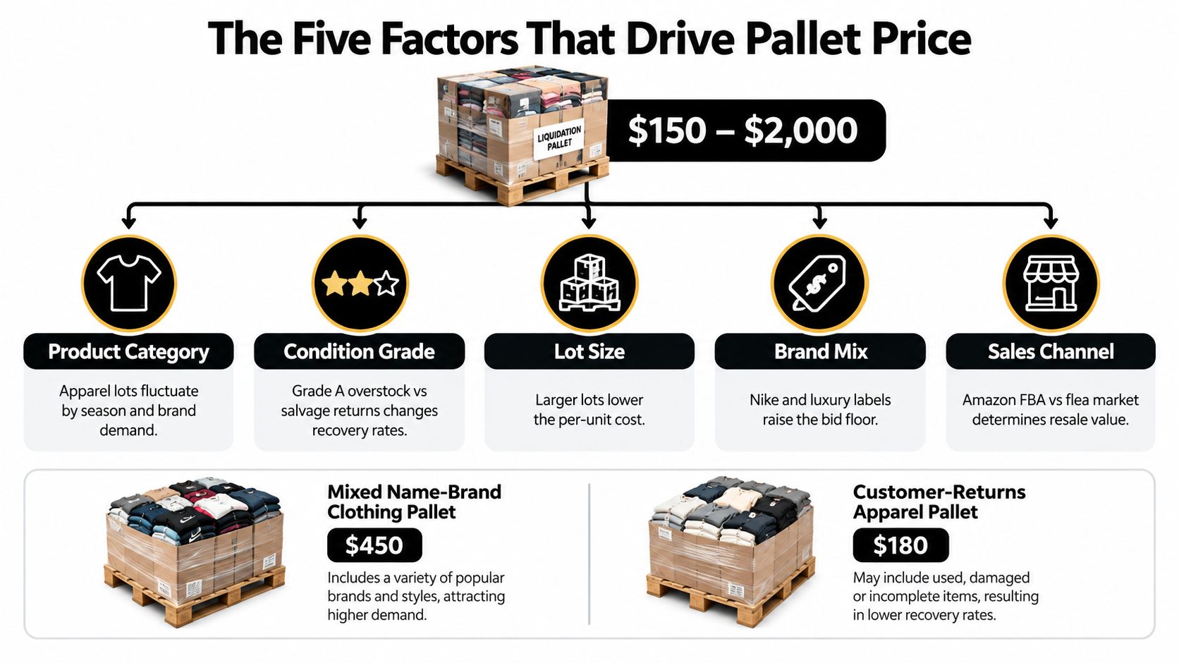 An infographic showing the five key factors that influence the price range of liquidation clothing pallets.