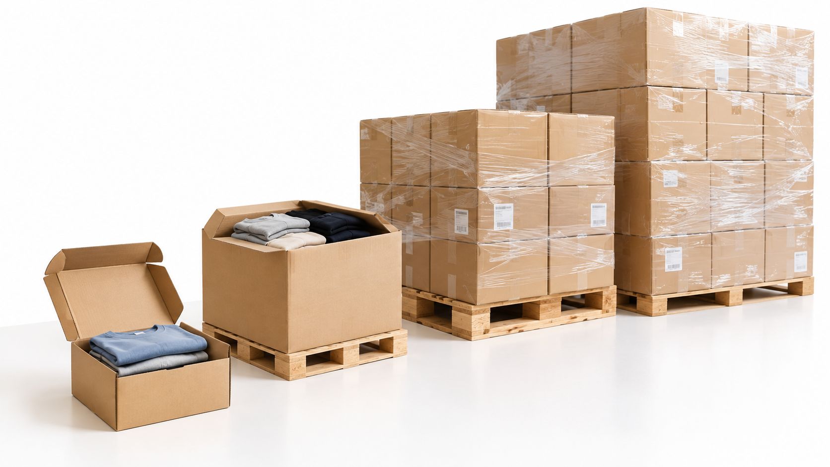 A sequence of cardboard boxes showing different quantities of clothes, from a small box to large pallets.