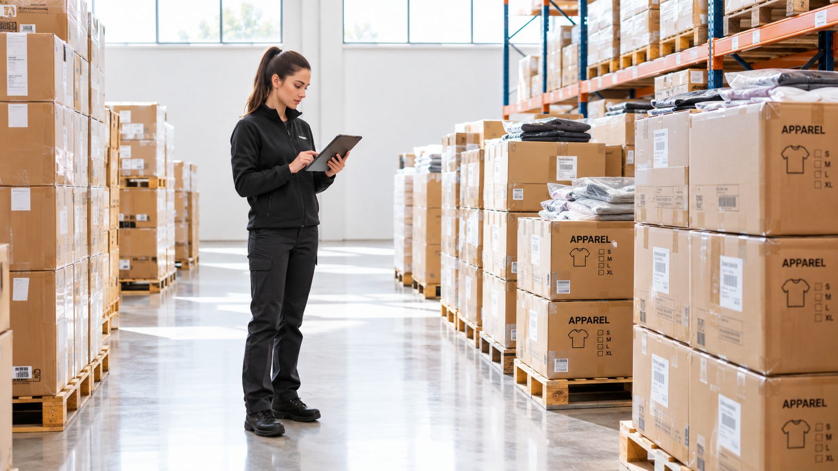 A professional warehouse worker holding a tablet while checking inventory stocks of apparel cardboard boxes in a warehouse.